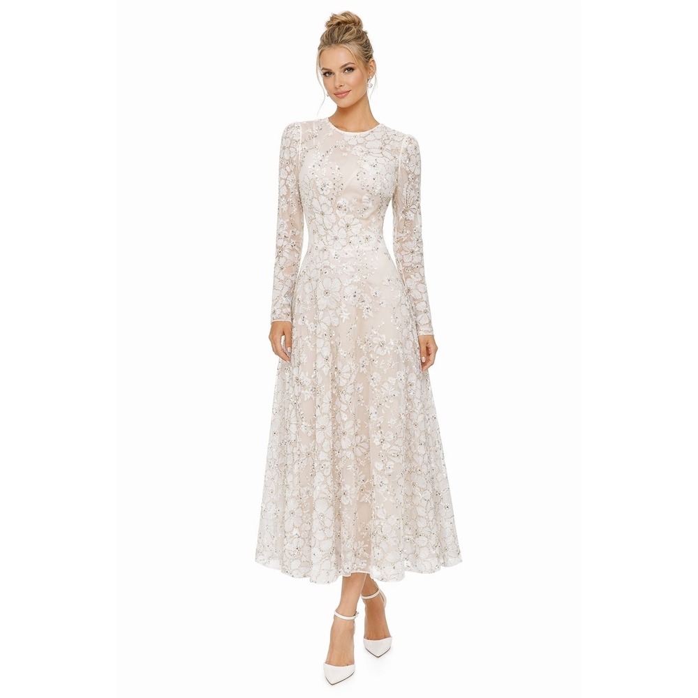 New!‎ Dress the Population White Embellished Tea-Length Midi Dress • Size Small